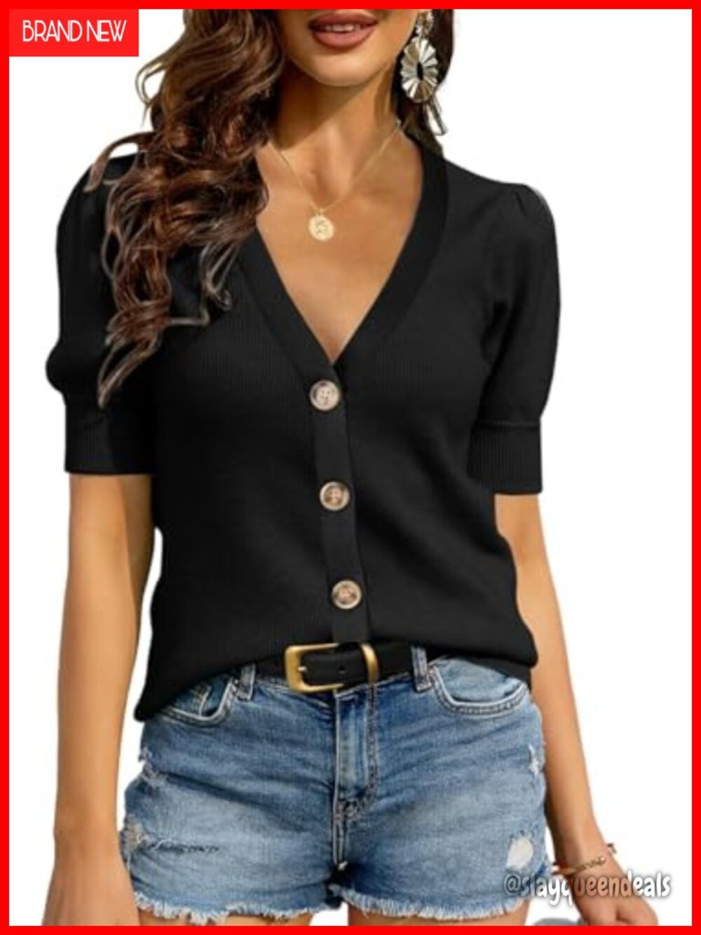 Womens Puff Short Sleeve Knit Sweater Button Down V-Neck Pullover Top